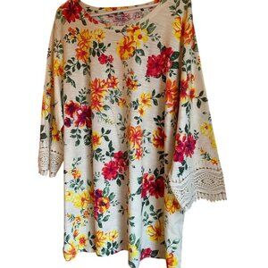 Women Within Floral Cottage Core Beachy Lace Sleeve Tunic Dress 2X Cotton/Polyes
